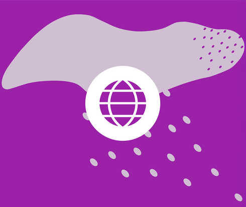 Icon mit einem symbolisierten Weltkugel auf lilafarbenem Hintergrund.