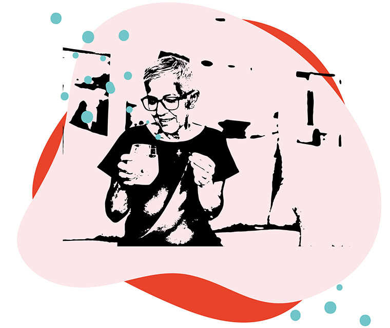 Leben mit Brustkrebs: Illustration von einer grauhaarigen Frau, die ein Glas Wasser und eine Tablette in den Händen hält