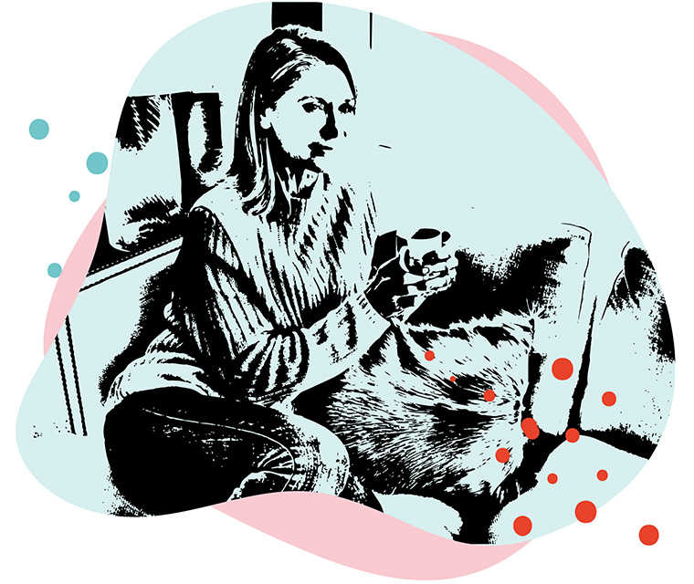 Leben mit Brustkrebs: Illustration von einer Frau die gemütlich mit einer Tasse Tee auf dem Sofa sitzt