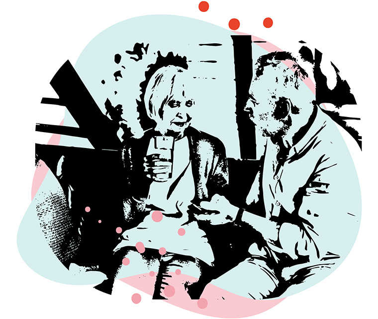 Leben mit Brustkrebs: Illustration von einer Frau mit einem Glas Wasser, die eine Tablette von ihrem Partner überreicht bekommt