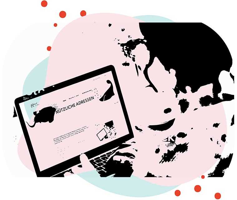 Leben mit Brustkrebs: Illustration einer Frau die Infos auf ihrem Laptop anschaut