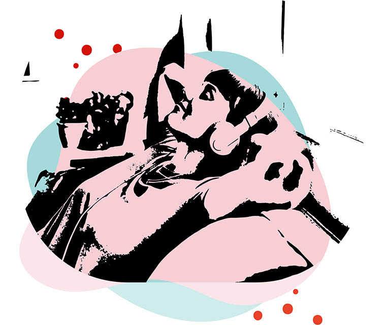 Leben mit Brustkrebs: Illustration einer Frau die mit Kopfhörern etwas hört Leben mit Brustkrebs: Illustration einer Frau die mit Kopfhörern etwas hört