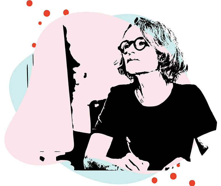 Leben mit Brustkrebs: Illustration einer älteren Frau die etwas am Computer nachschaut