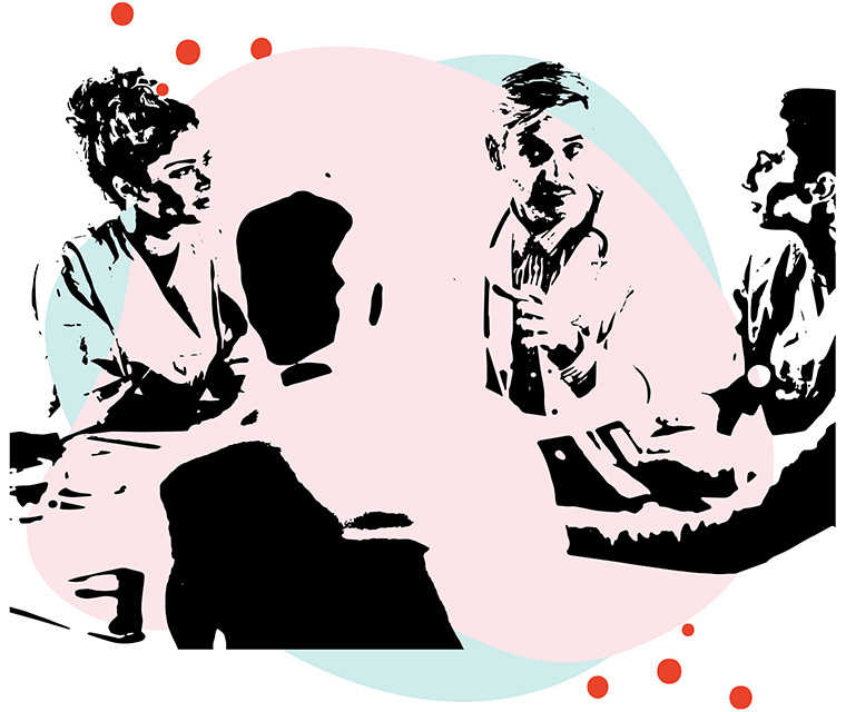 Leben mit Brustkrebs: Illustration einer Gruppe Ärzte in einem Gespräch Leben mit Brustkrebs: Illustration einer Gruppe Ärzte in einem Gespräch