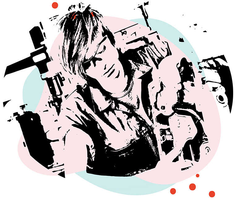 Leben mit Brustkrebs: Illustration einer jungen Frau bei der Arbeit in deiner Werkstatt