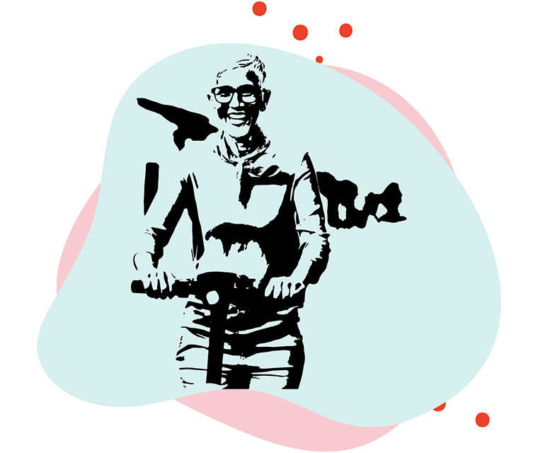 Leben mit Brustkrebs: Illustration einer Frau die lachend mit einem Elektroroller fährt