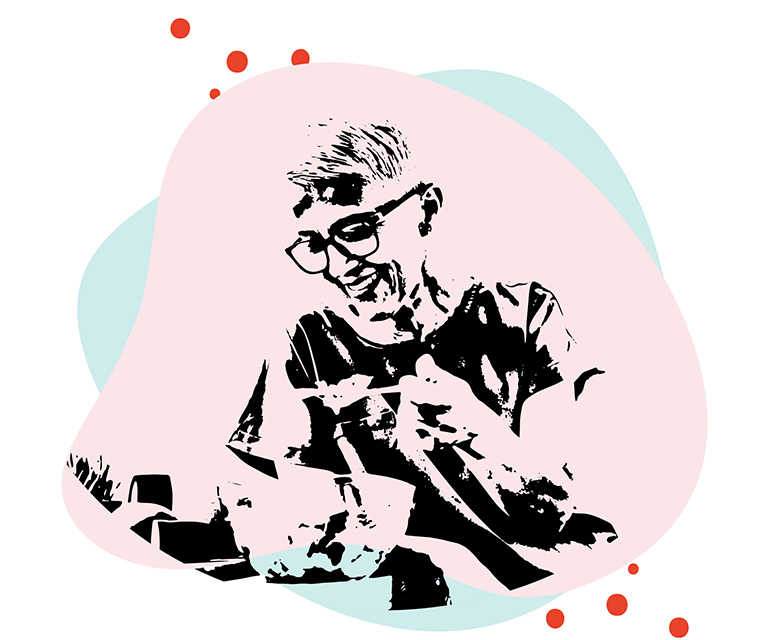 Leben mit Brustkrebs: Illustration einer Frau die in der Küche steht und einen Salat isst