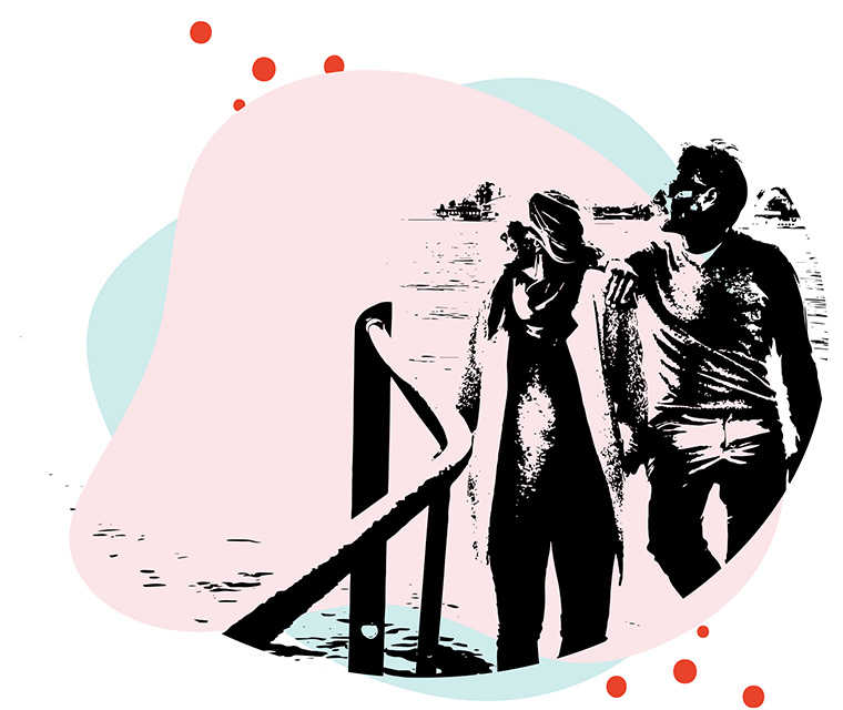 Leben mit Brustkrebs: Illustration von einem Paar das aufs Wasser blickt Leben mit Brustkrebs: Illustration von einem Paar das aufs Wasser blickt