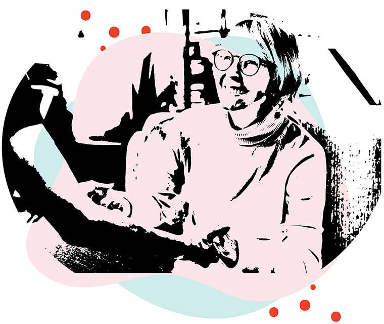 Leben mit Brustkrebs: Illustration einer älteren Frau die  freudig die Hände ihrer Betreuerin umfasst