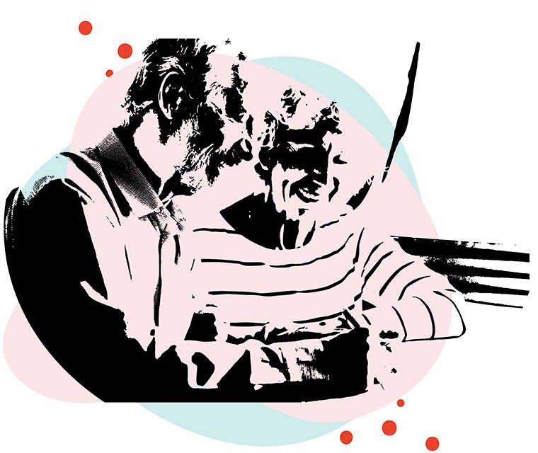 Leben mit Brustkrebs: Illustration eines älteren Paares, die freudig ein Dokument unterschreiben