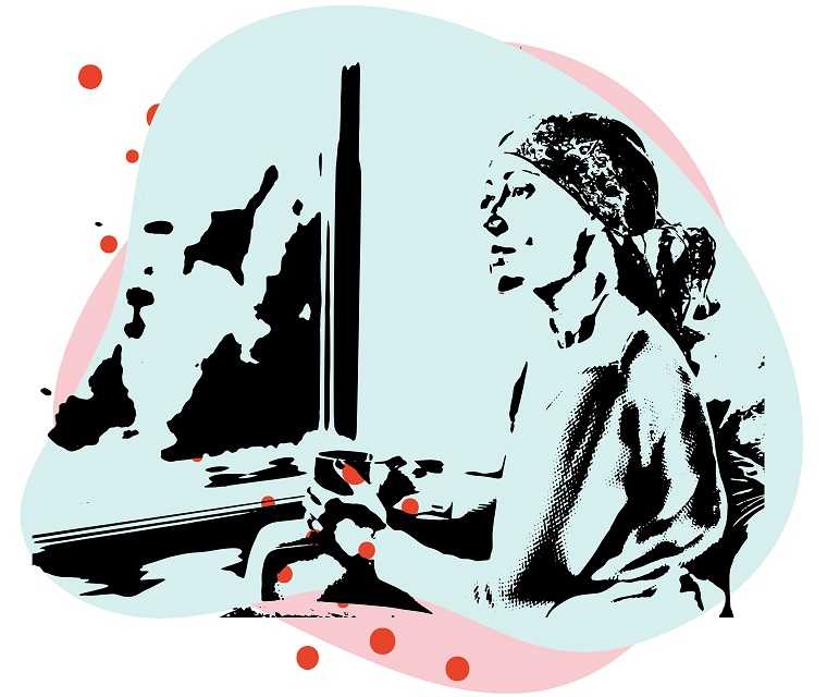 Leben mit Brustkrebs: Illustration einer Frau mit um den Kopf gebundenem Tuch Leben mit Brustkrebs: Illustration einer Frau mit um den Kopf gebundenem Tuch
