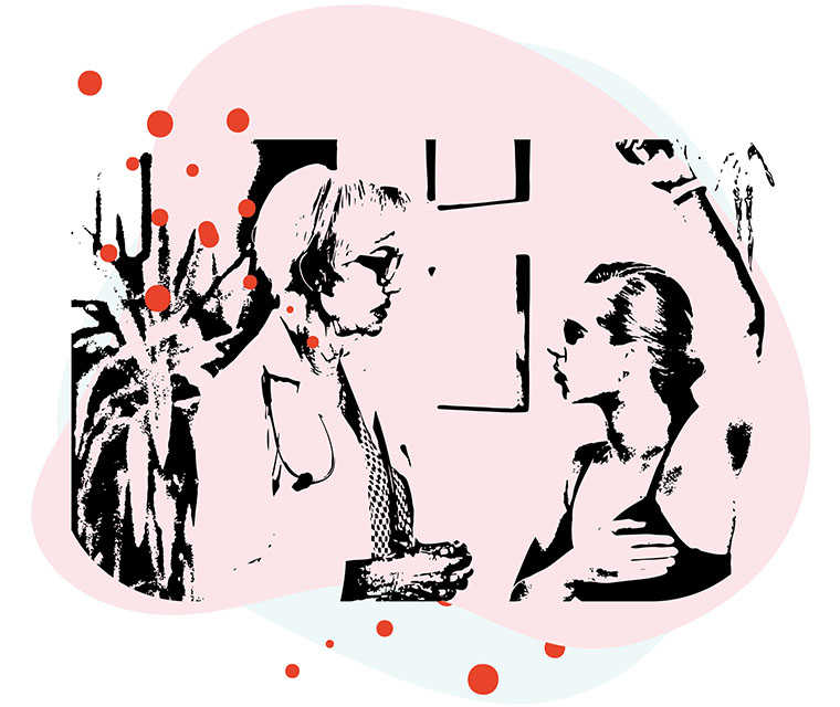 Leben mit Brustkrebs: Illustration einer Frau bei einer Vorsorgeuntersuchung Leben mit Brustkrebs: Illustration einer Frau bei einer Vorsorgeuntersuchung