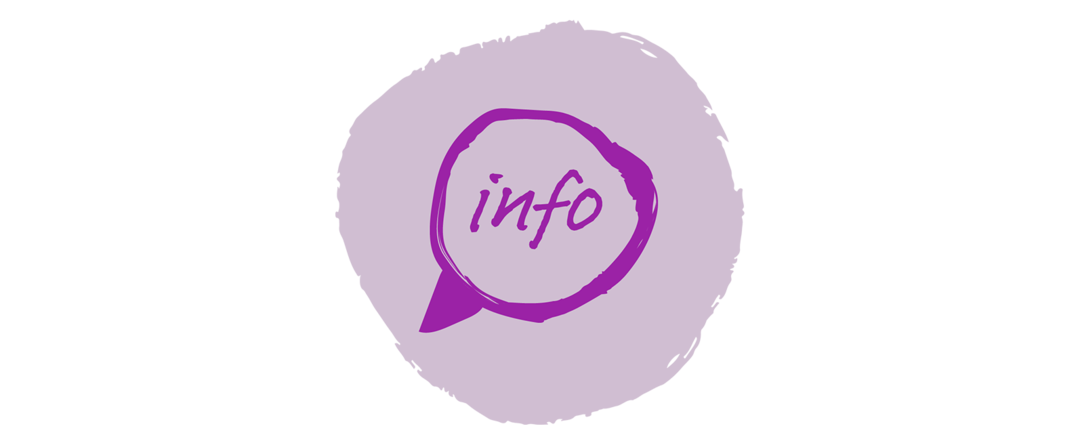 Icon mit Schriftzug „info“ in einer Sprechblase.