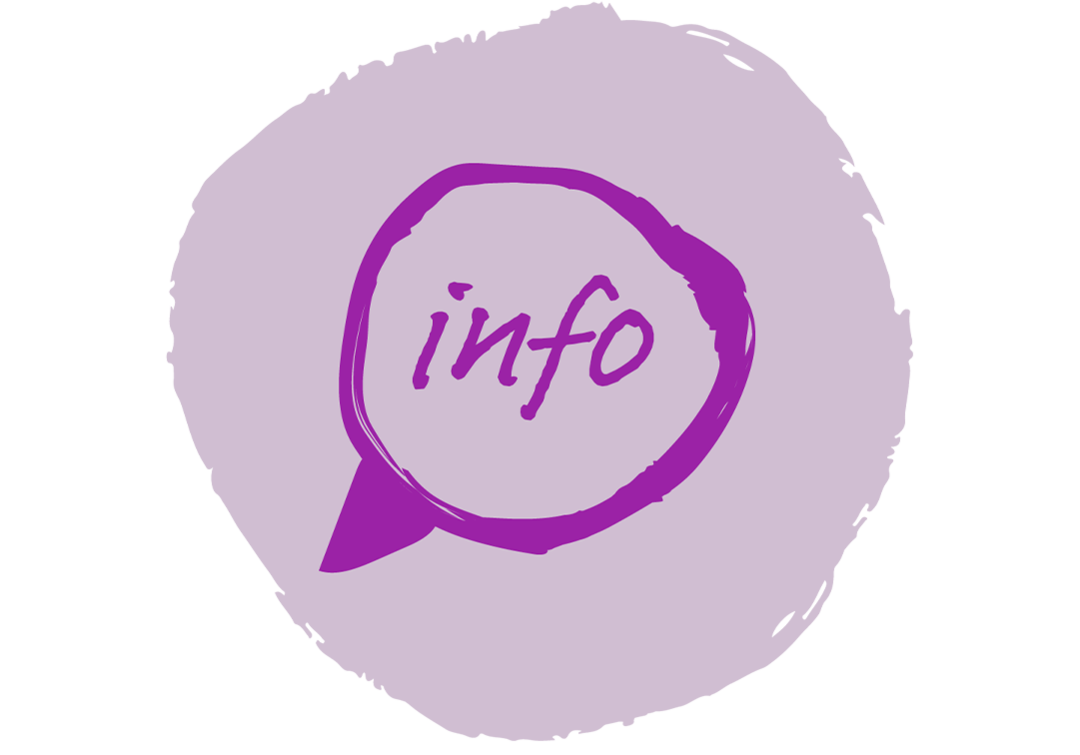 Icon mit Schriftzug „info“ in einer Sprechblase.