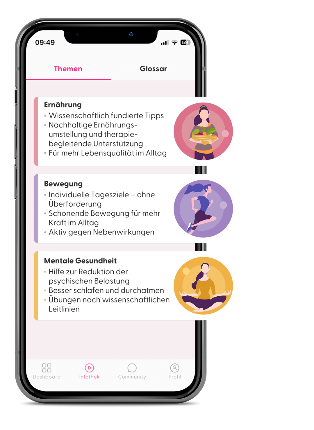 Darstellung der Themen-Seite zu Ernährung, Bewegung und mentale Gesundheit in der PINK!-Coach-App.